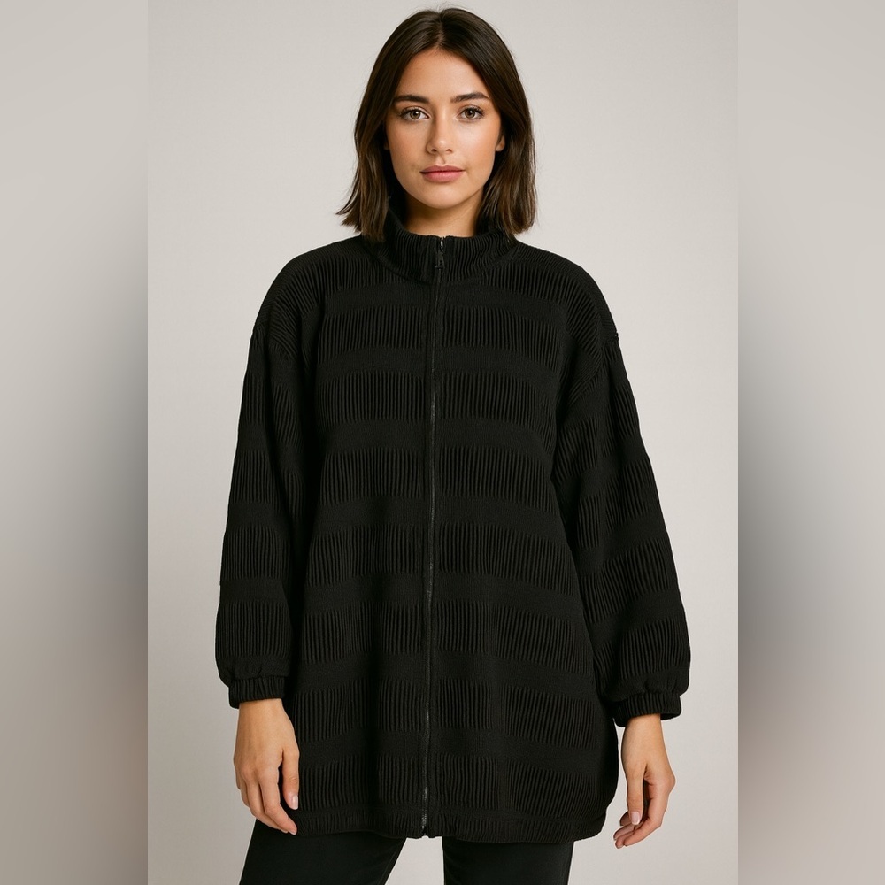 Vtg A.D.S Retro Bomber Jacket Sz S/M Black Crinkles Pleats Zip Grunge Oversized